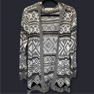 Pink Rose Black and Gray Hooded Boho Patterned Cardigan